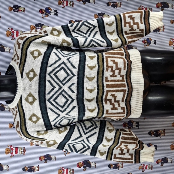 Vintage Gitano geo chunky stripe white & blue casual Med tight knit sweater - Picture 2 of 5